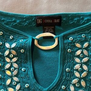 Donna Gray Teal Embellished Top with Decorative Ring